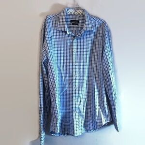 bugatchi mens plaid dress shirt Shaped Fit white/blue sz L